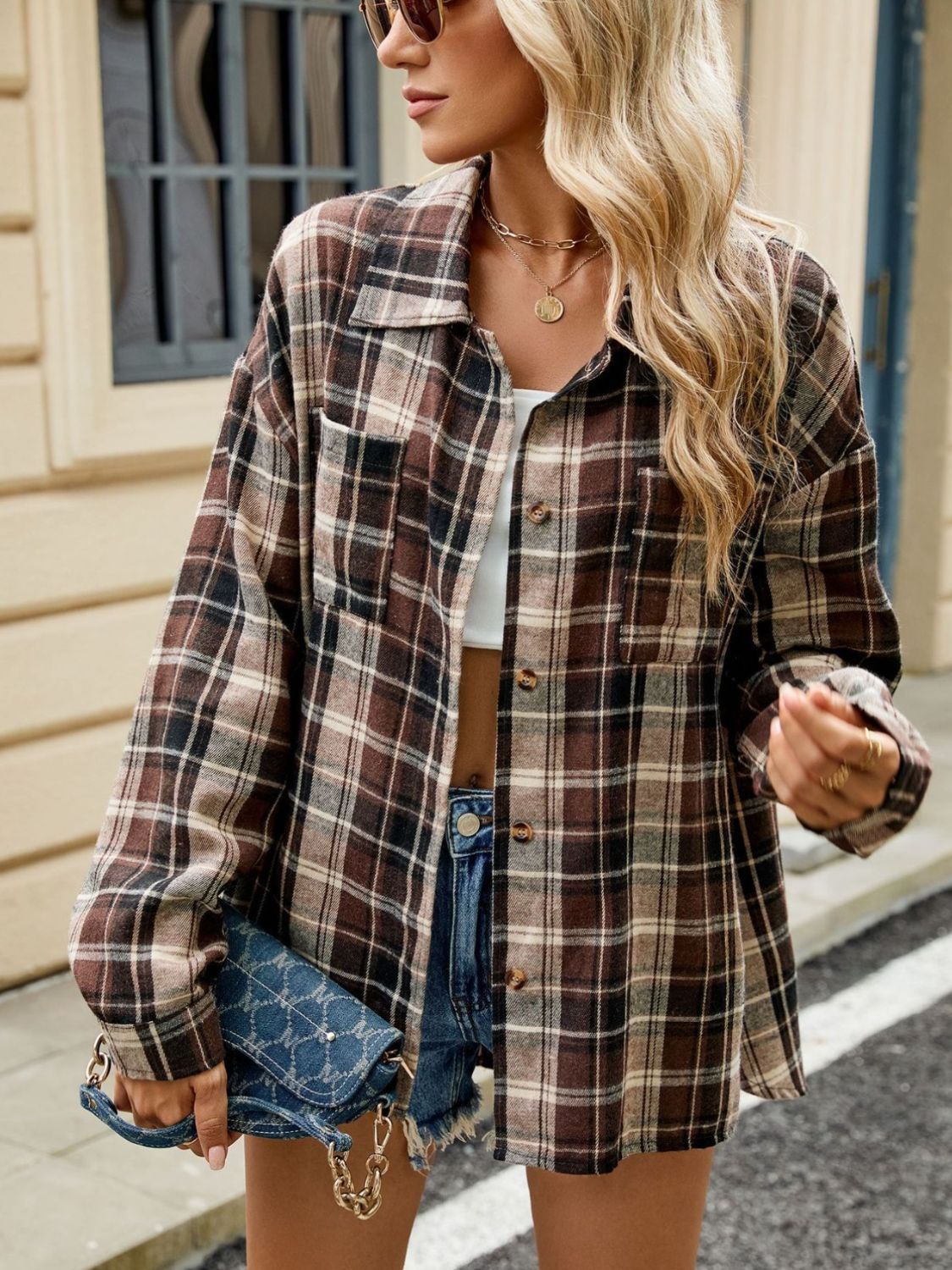 Plaid Collared Neck Long Sleeve Shirt - Cowaa