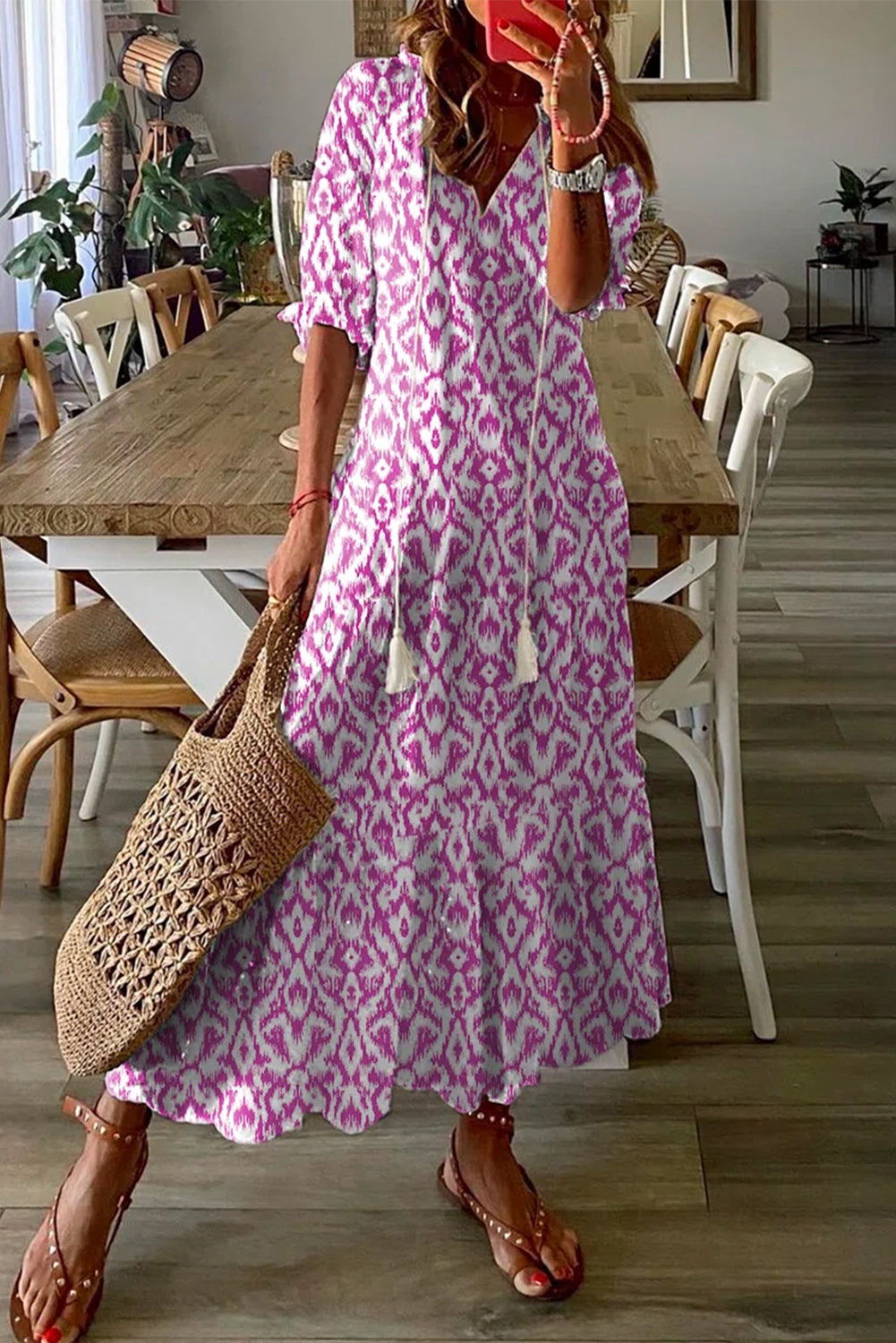 Sky Blue Geometric Print Casual V Neck Maxi Dress - Cowaa