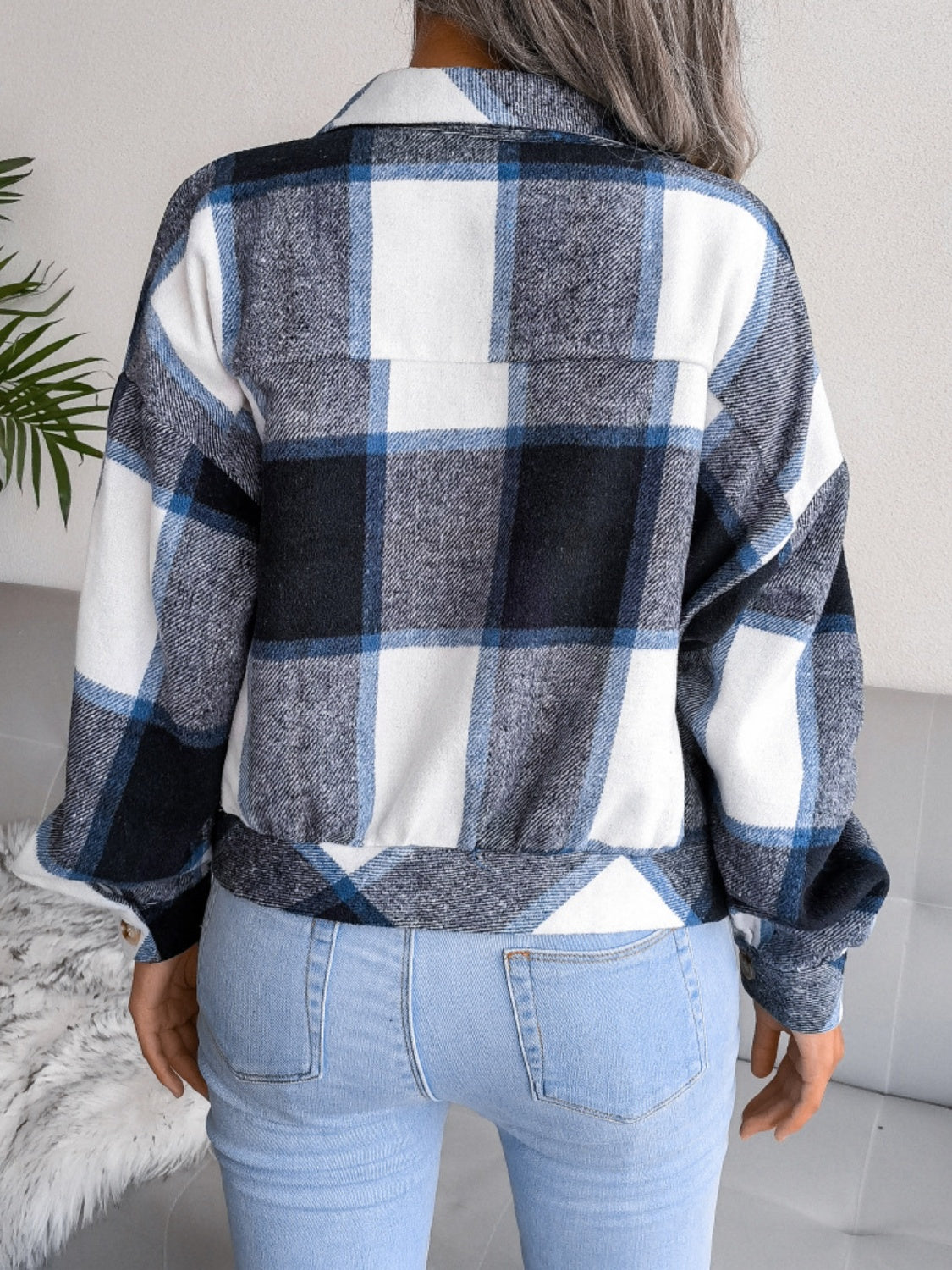 Plaid Collared Neck Long Sleeve Jacket - Cowaa