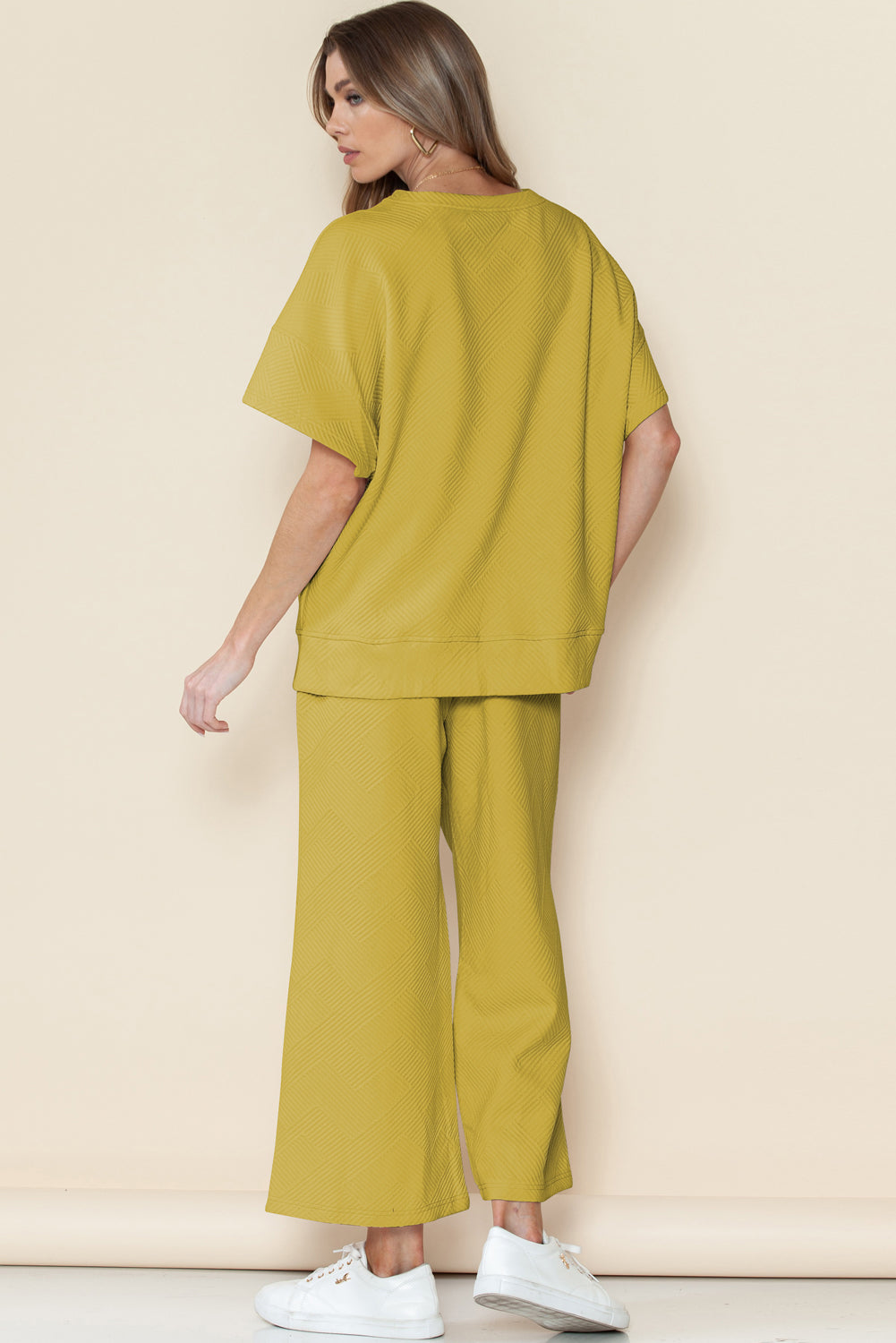 Navy Blue Textured Loose Fit T Shirt and Drawstring Pants Set - Cowaa