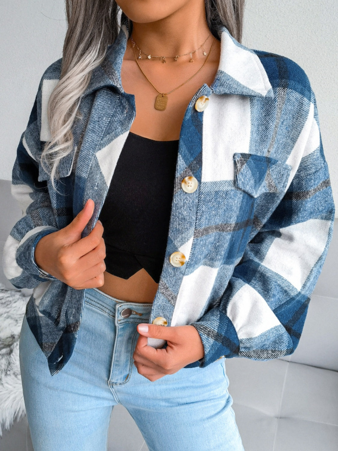 Plaid Collared Neck Long Sleeve Jacket - Cowaa
