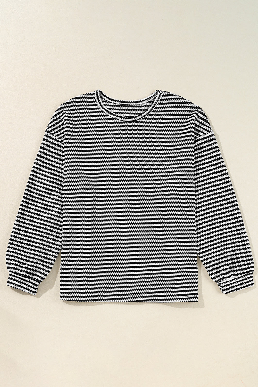 Black Stripe Drop Shoulder Puff Long Sleeve O Neck Plus Size T Shirt - Cowaa