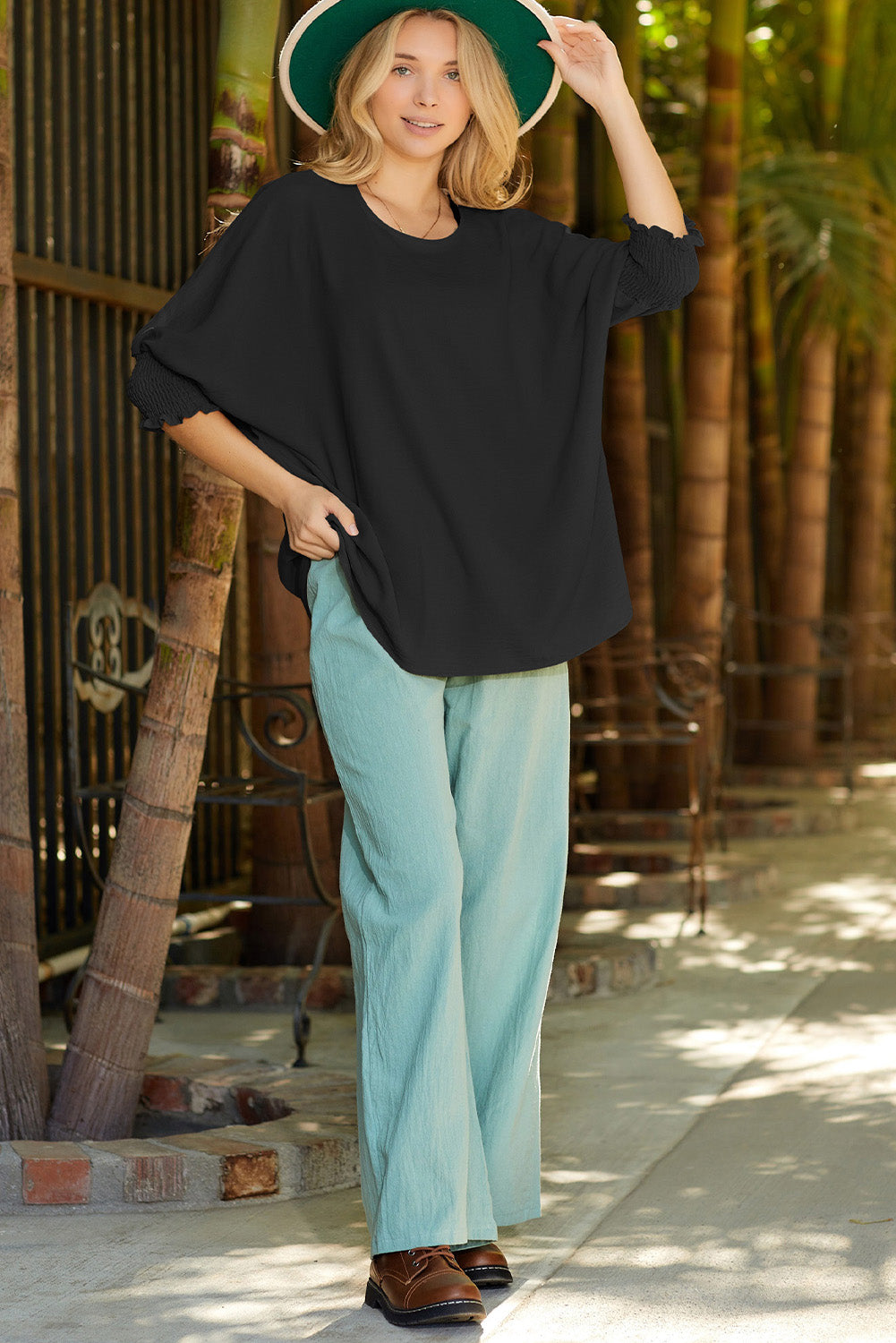 Apricot Solid Casual Smocked Cuffs Batwing Sleeve Blouse - Cowaa