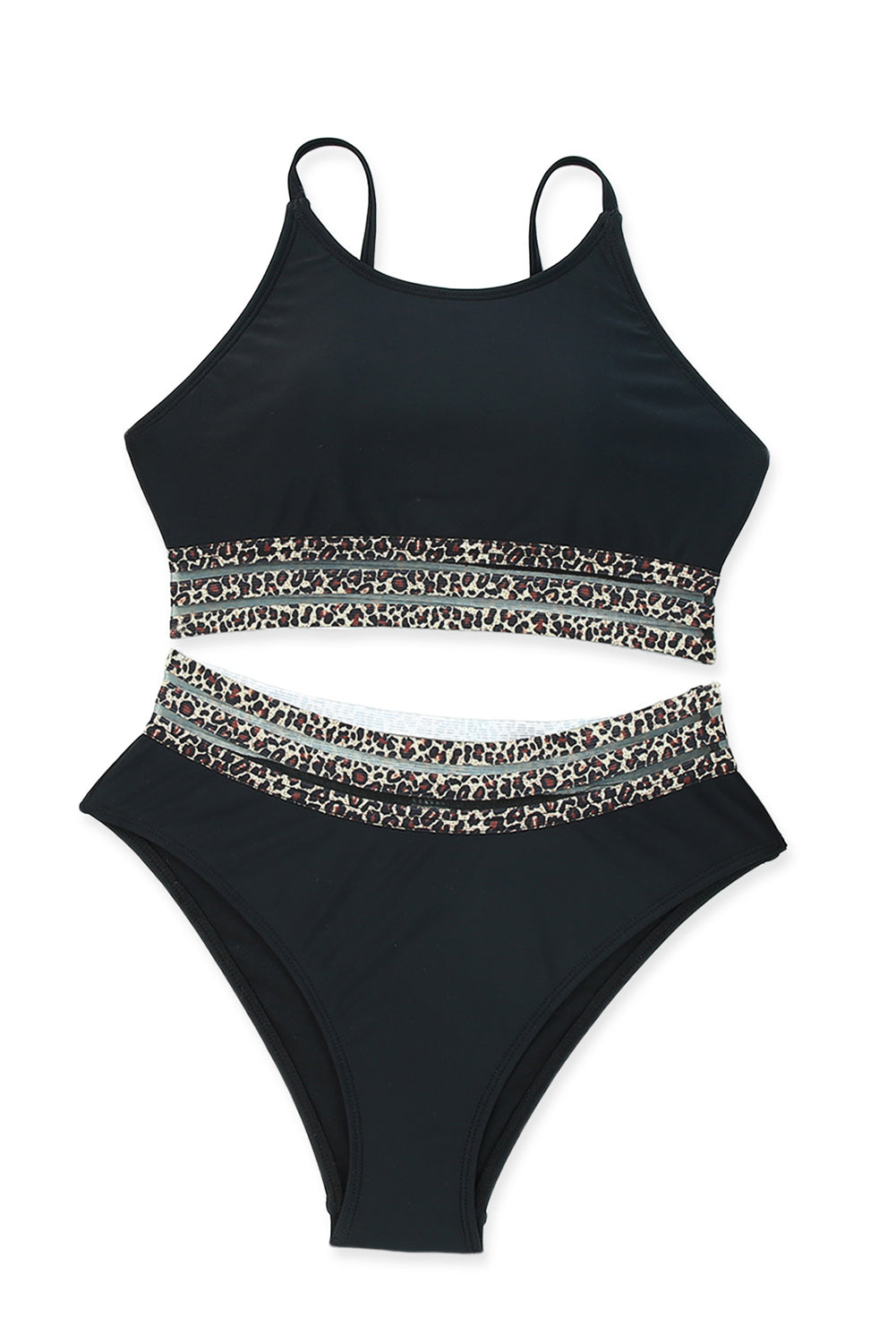 Black Leopard Print Spaghetti Strap Padded Wireless Two Piece Swimsuit - Cowaa