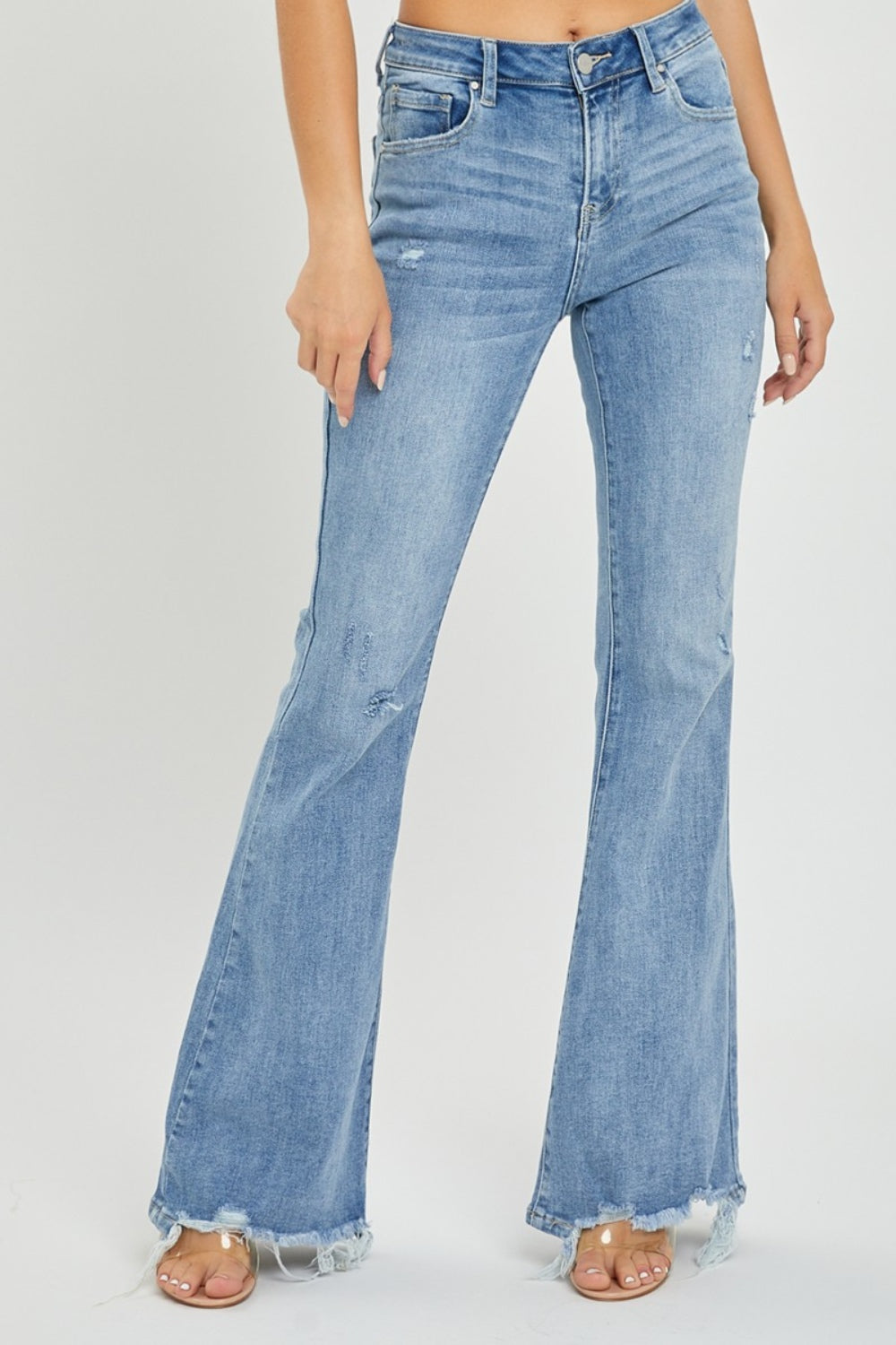 Risen Full Size High Rise Frayed Hem Flare Jeans - Cowaa