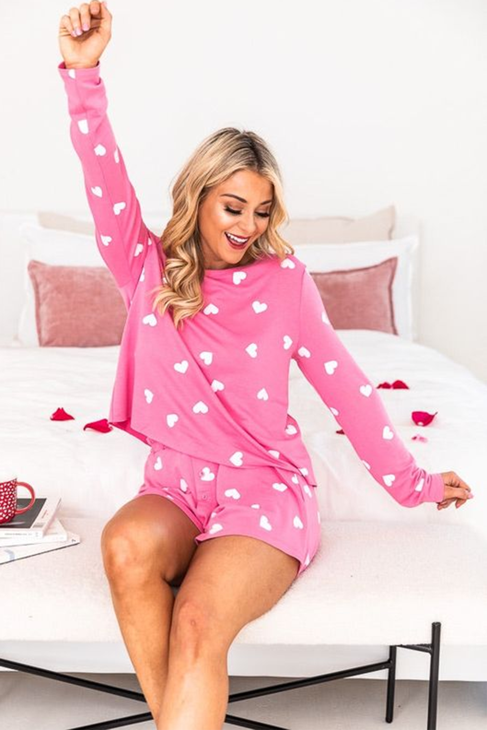 Pink Valentine Heart Print Long Sleeve Top and Shorts Pajama Set - Cowaa