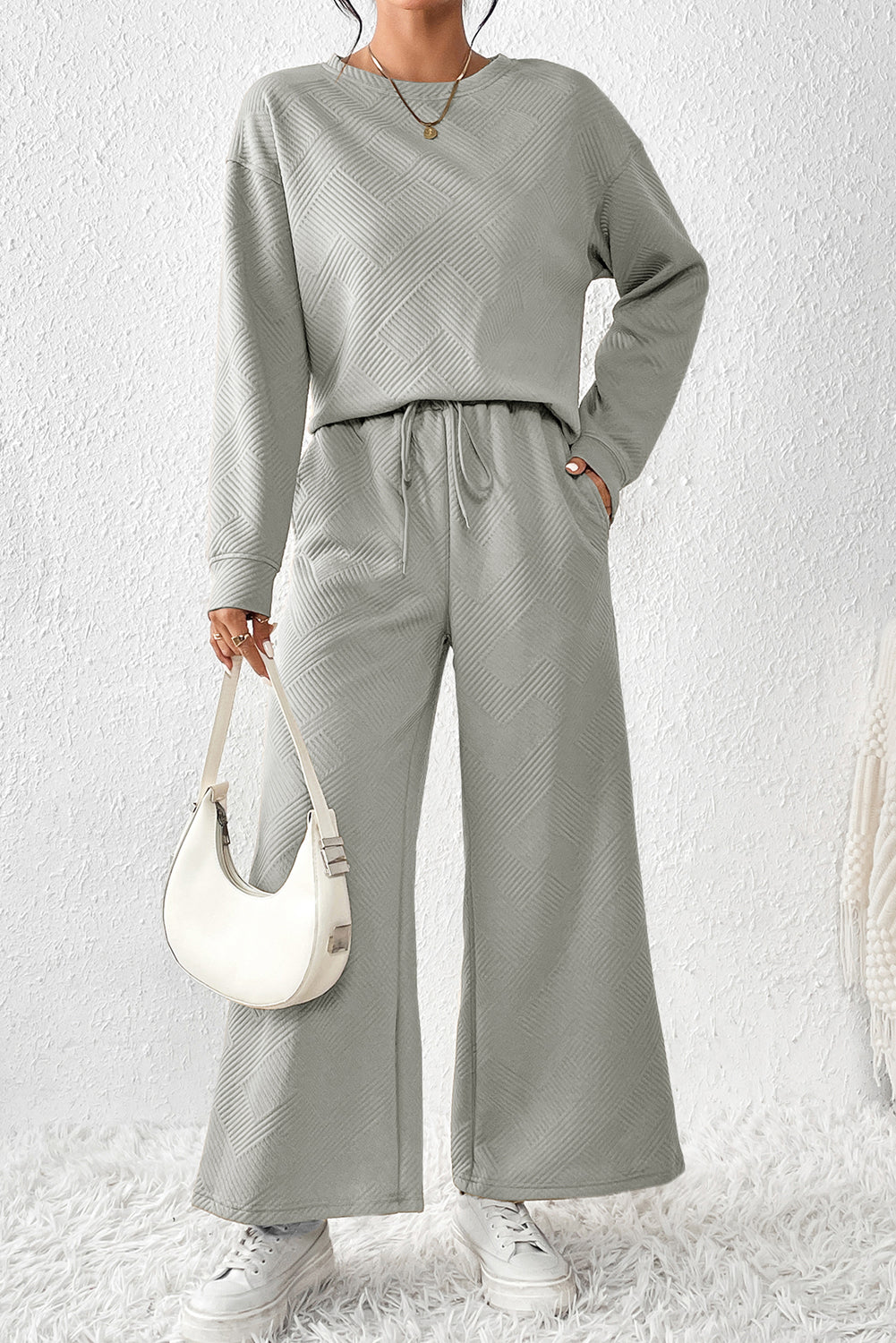 Strawberry Pink Textured Loose Slouchy Long Sleeve Top and Pants Set - Cowaa