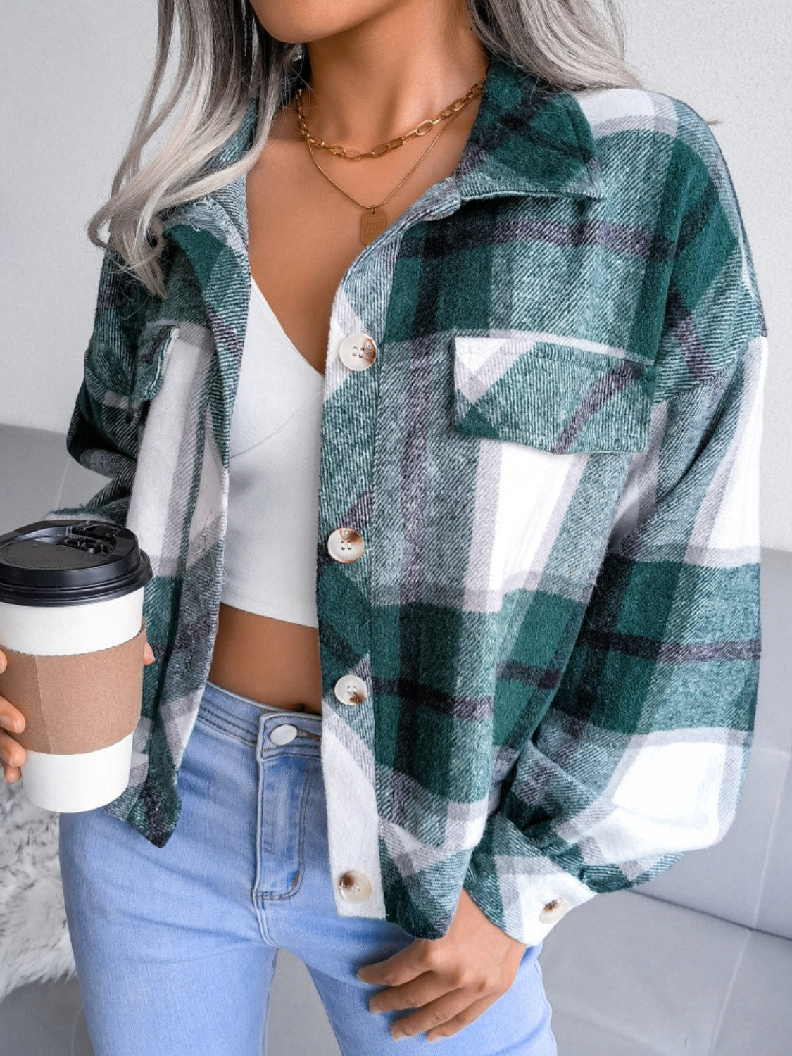 Plaid Collared Neck Long Sleeve Jacket - Cowaa
