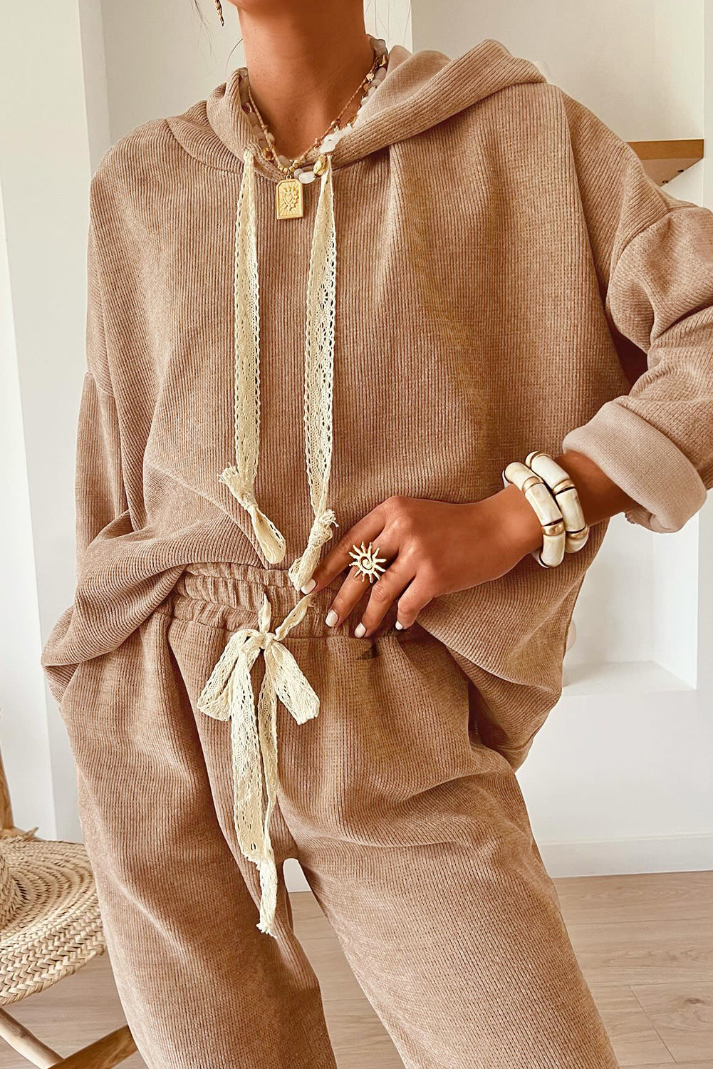 Rose Tan Drawstring Pullover Hoodie and High Waist Pants Corduroy Suit