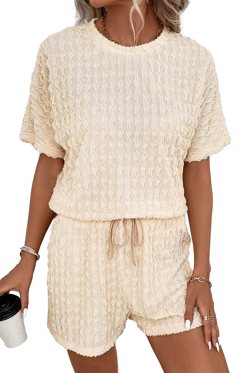 Beige Textured Tee & Drawstring Shorts Set - Cowaa