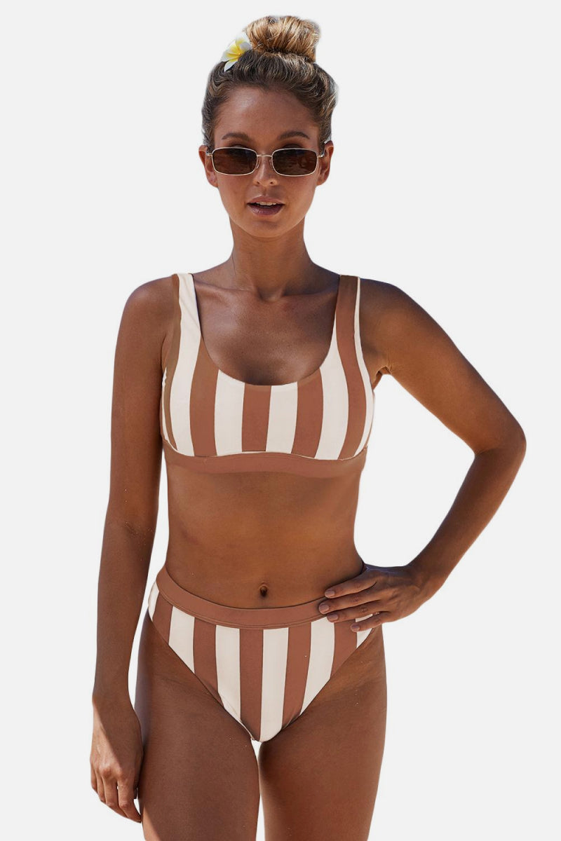 Striped Tank High Waist Bikini - Cowaa