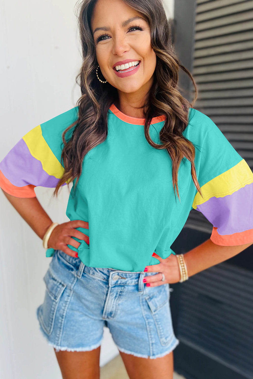 Green Color Block Sleeve Round Neck Oversize Top - Cowaa