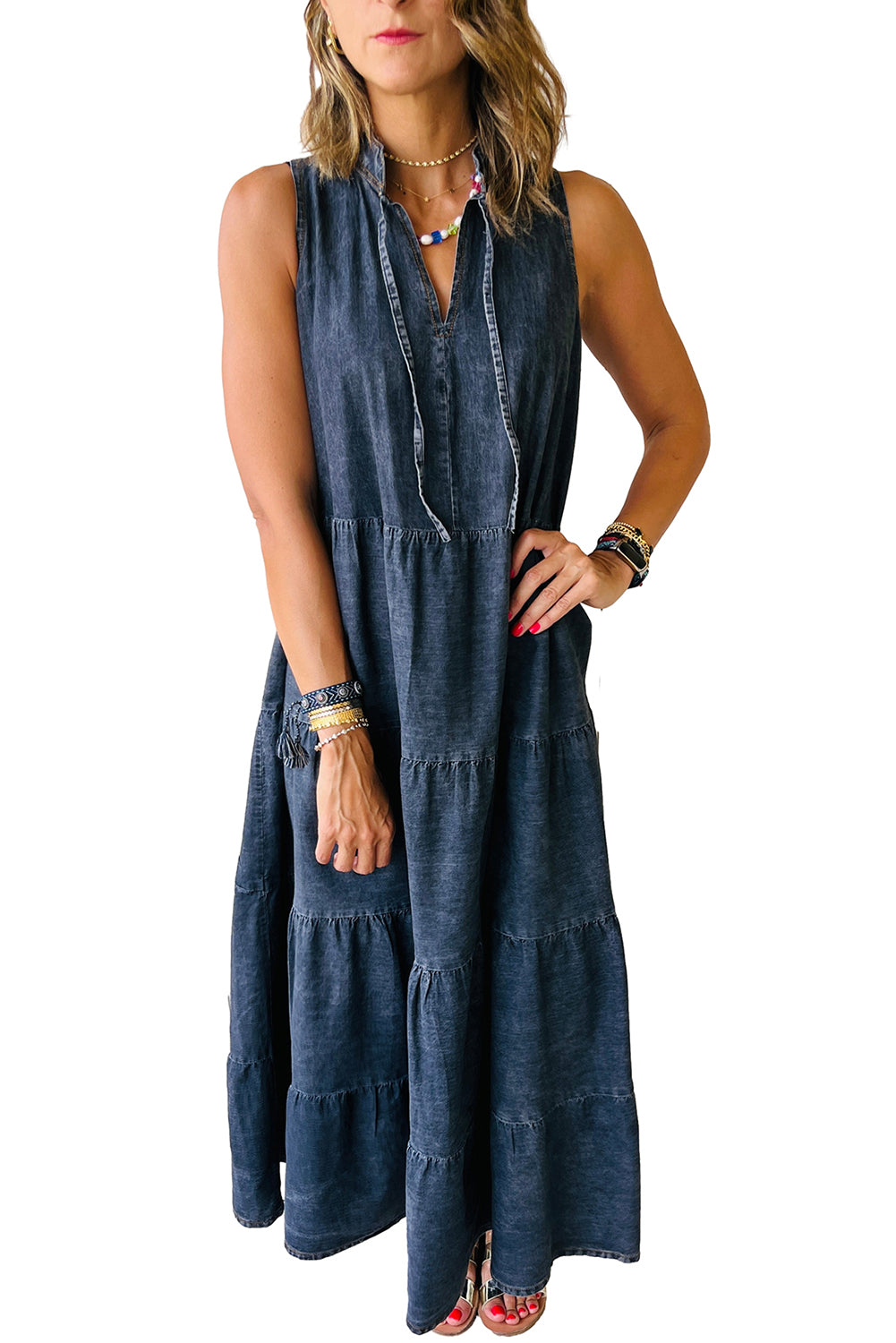 Real Teal Sleeveless Tiered Chambray Maxi Dress - Cowaa