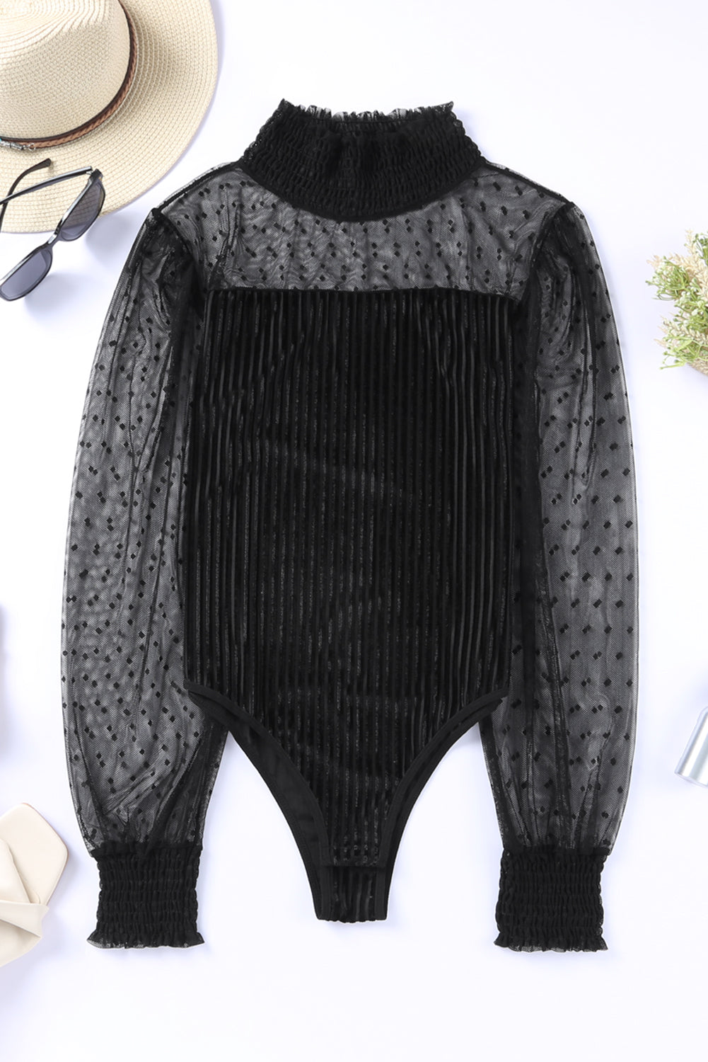 Sheer Dotty Puff Sleeve Ribbed Velvet Bodysuit - Cowaa