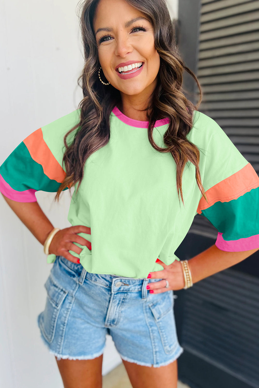 Green Color Block Sleeve Round Neck Oversize Top - Cowaa