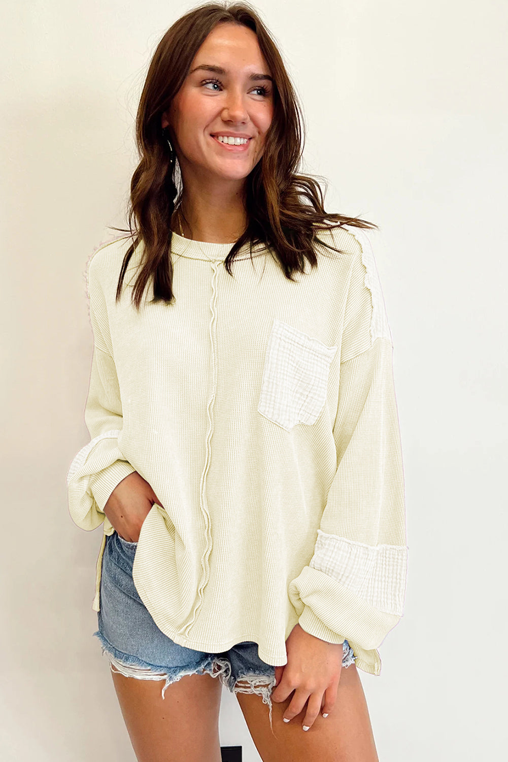 Crinkle Patchwork Long Sleeve Top - Cowaa