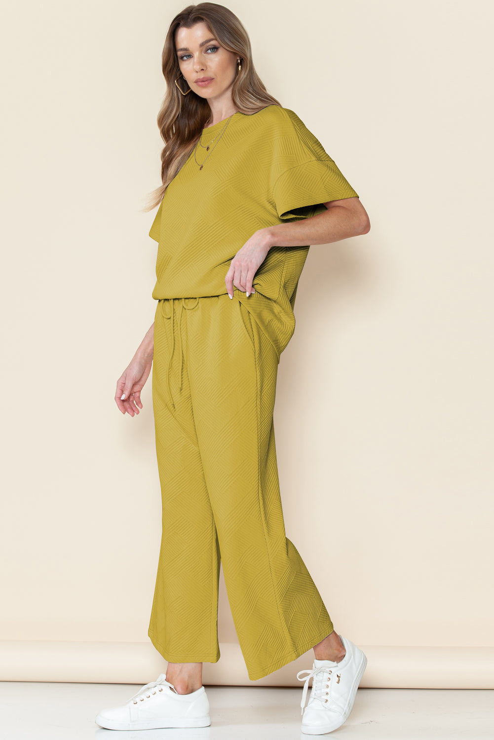 Navy Blue Textured Loose Fit T Shirt and Drawstring Pants Set - Cowaa