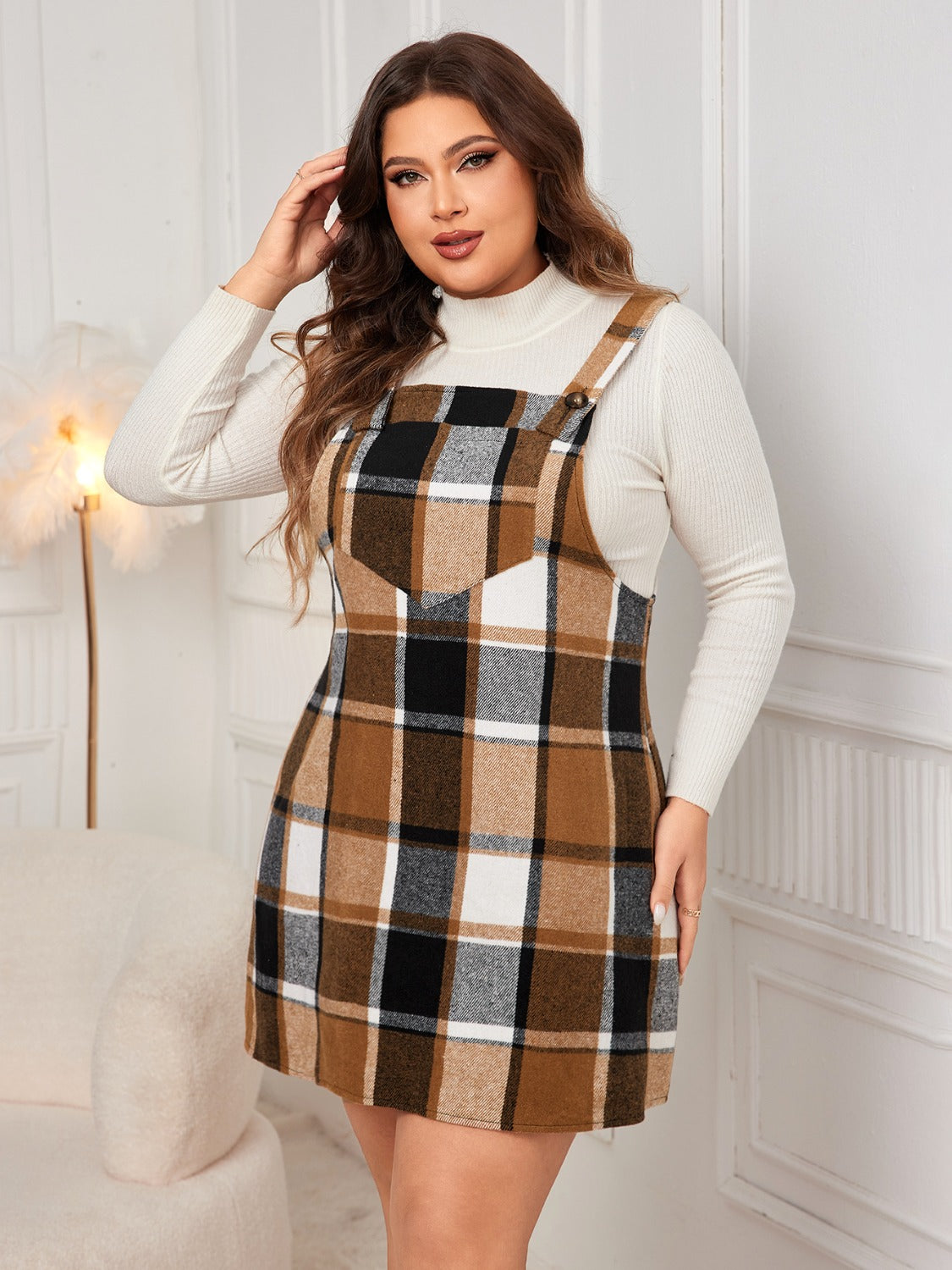Plus Size Plaid Wide Strap Overall Dress - Cowaa