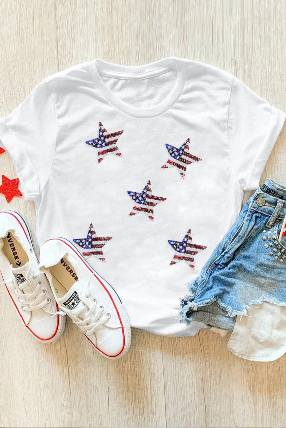 Sequin American Flag Star Graphic T Shirt - Cowaa