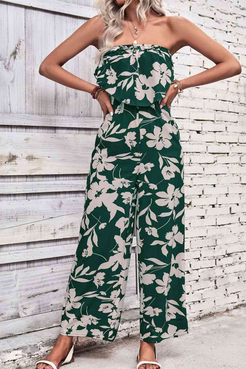 Floral Strapless Wide Leg Jumpsuit - Cowaa