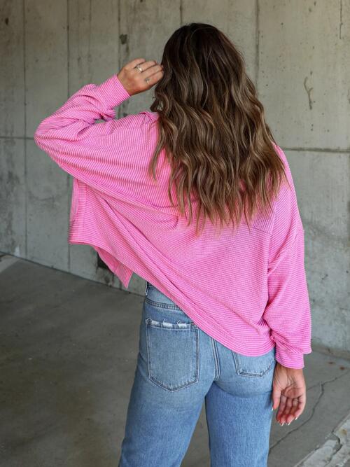 Ribbed Collared Neck Button Up Jacket - Cowaa