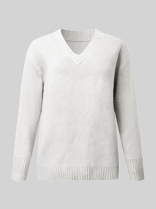 V-Neck Long Sleeve Knit Top - Cowaa