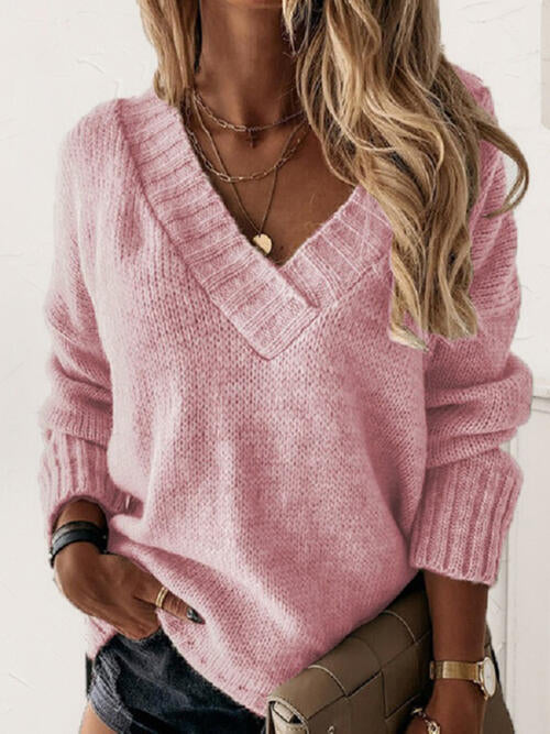 V-Neck Long Sleeve Knit Top - Cowaa