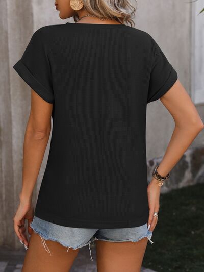 Cable-Knit Round Neck Short Sleeve T-Shirt - Cowaa