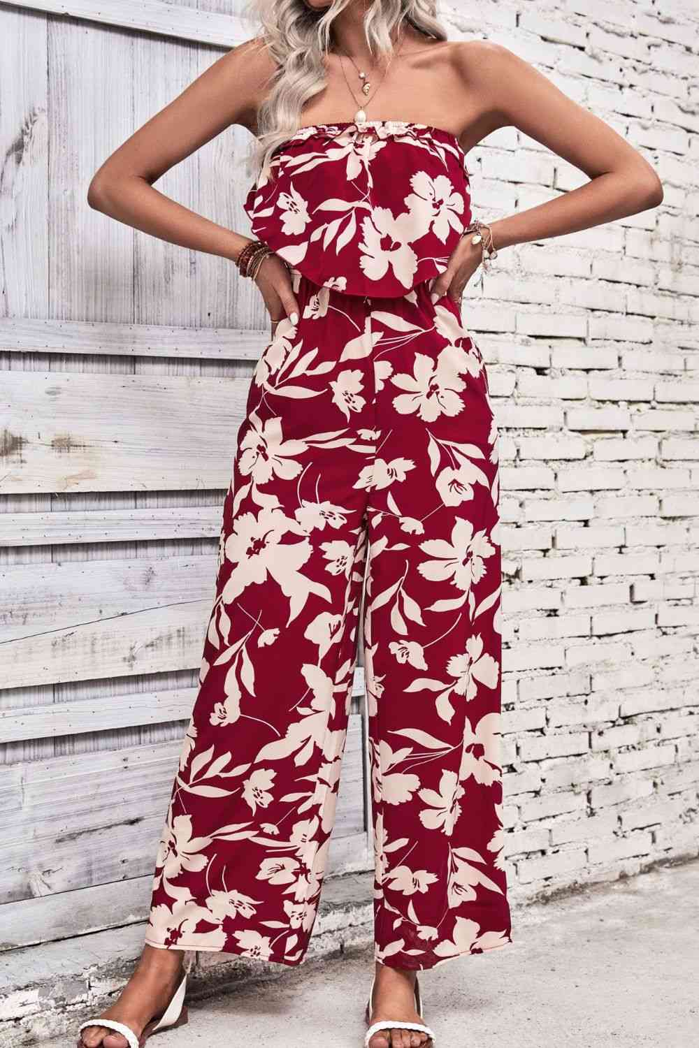 Floral Strapless Wide Leg Jumpsuit - Cowaa