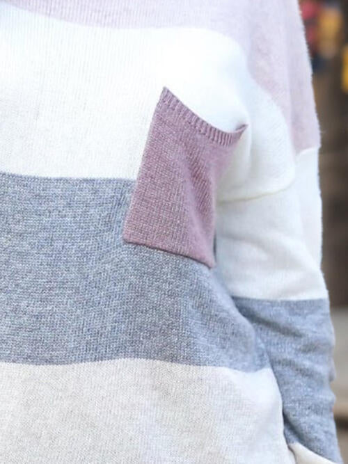 Striped Round Neck Sweater with Pocket - Cowaa