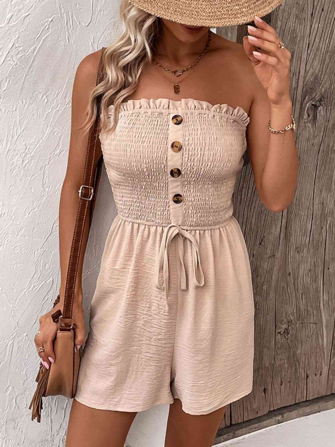 Decorative Button Smocked Strapless Romper - Cowaa