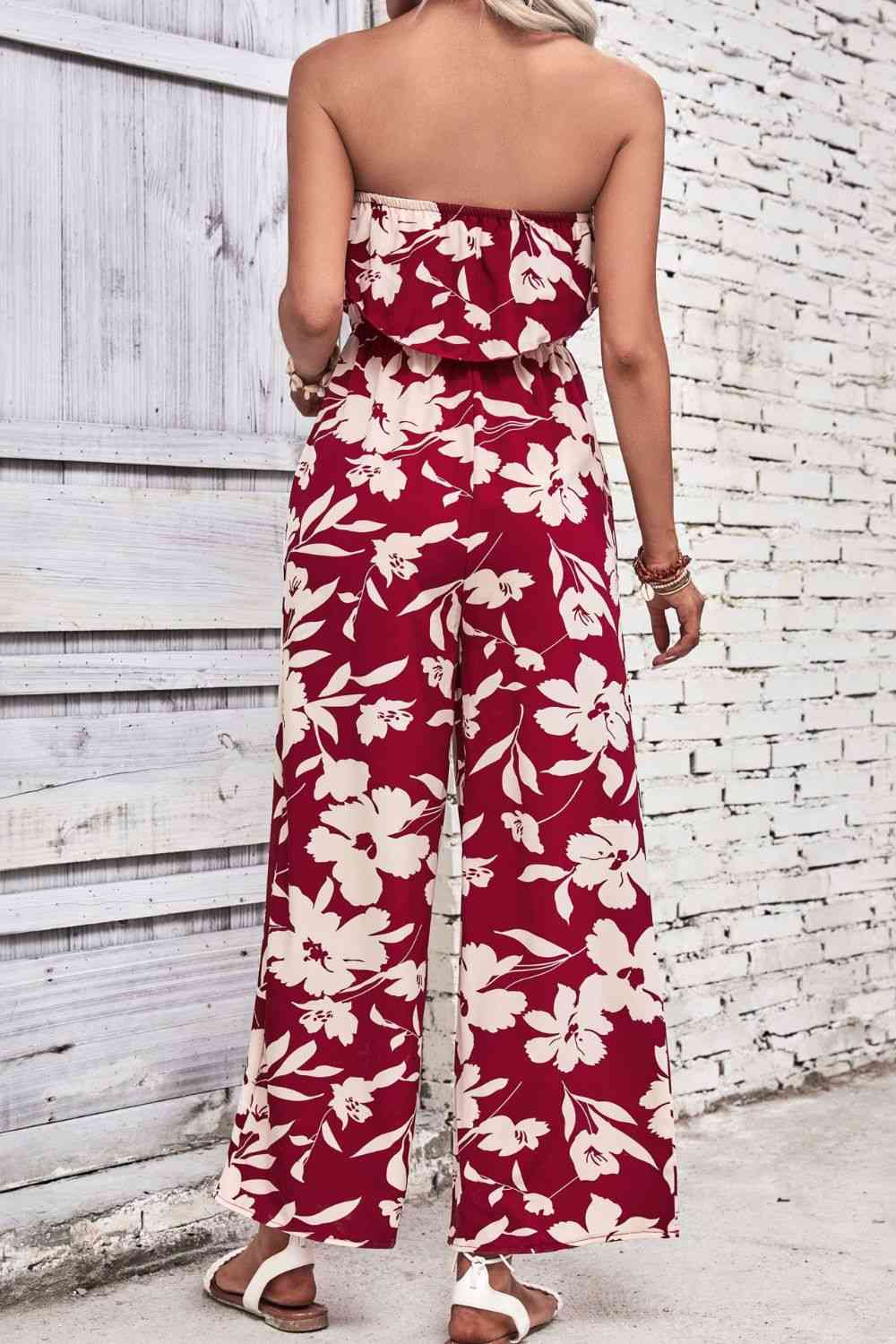 Floral Strapless Wide Leg Jumpsuit - Cowaa