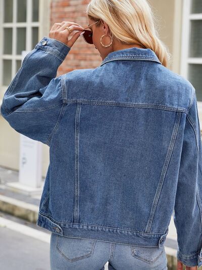 Pocketed Collared Neck Denim Jacket - Cowaa