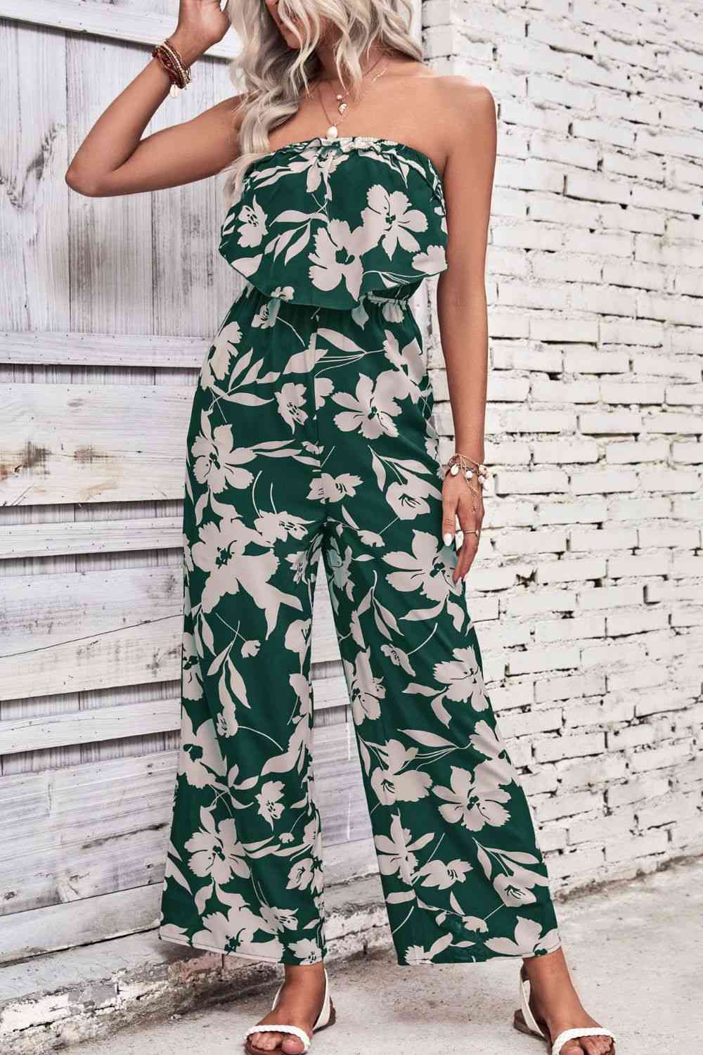 Floral Strapless Wide Leg Jumpsuit - Cowaa
