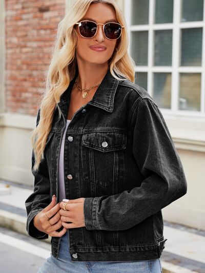 Pocketed Collared Neck Denim Jacket - Cowaa