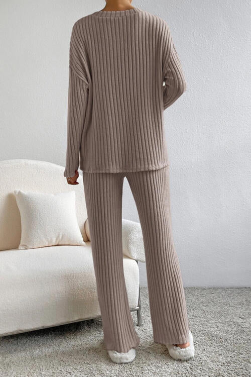 Ribbed V-Neck Top and Pants Set - Cowaa