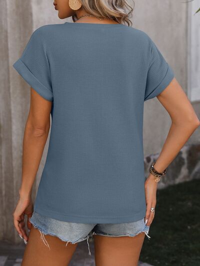 Cable-Knit Round Neck Short Sleeve T-Shirt - Cowaa