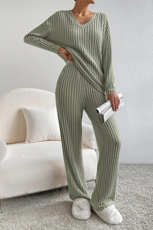 Ribbed V-Neck Top and Pants Set - Cowaa