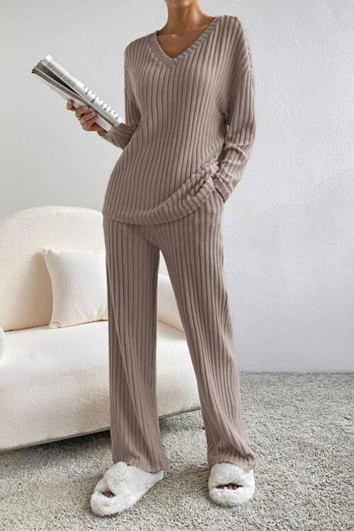 Ribbed V-Neck Top and Pants Set - Cowaa