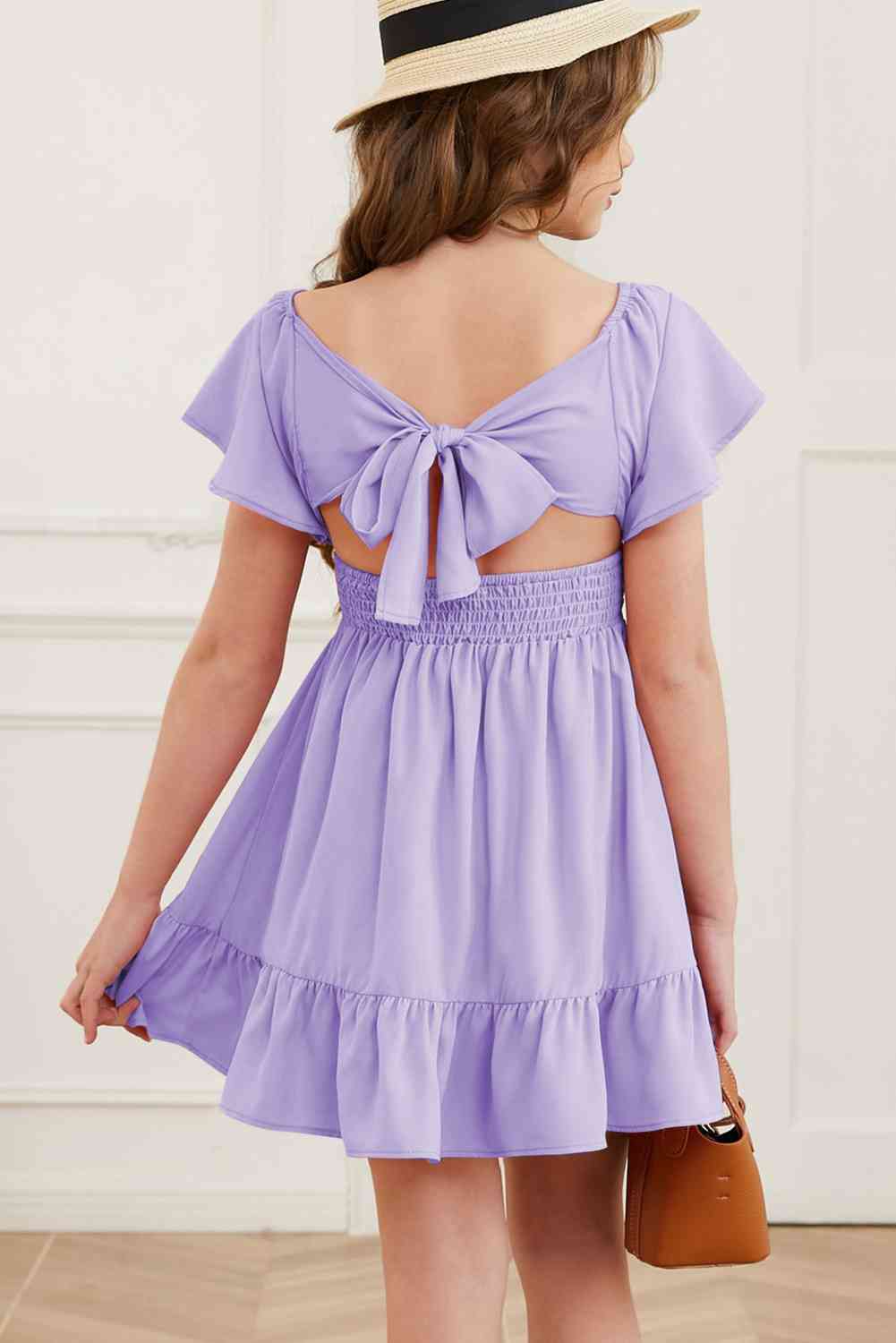 Ruffle Hem Tie-Back Flutter Sleeve Dress - Cowaa