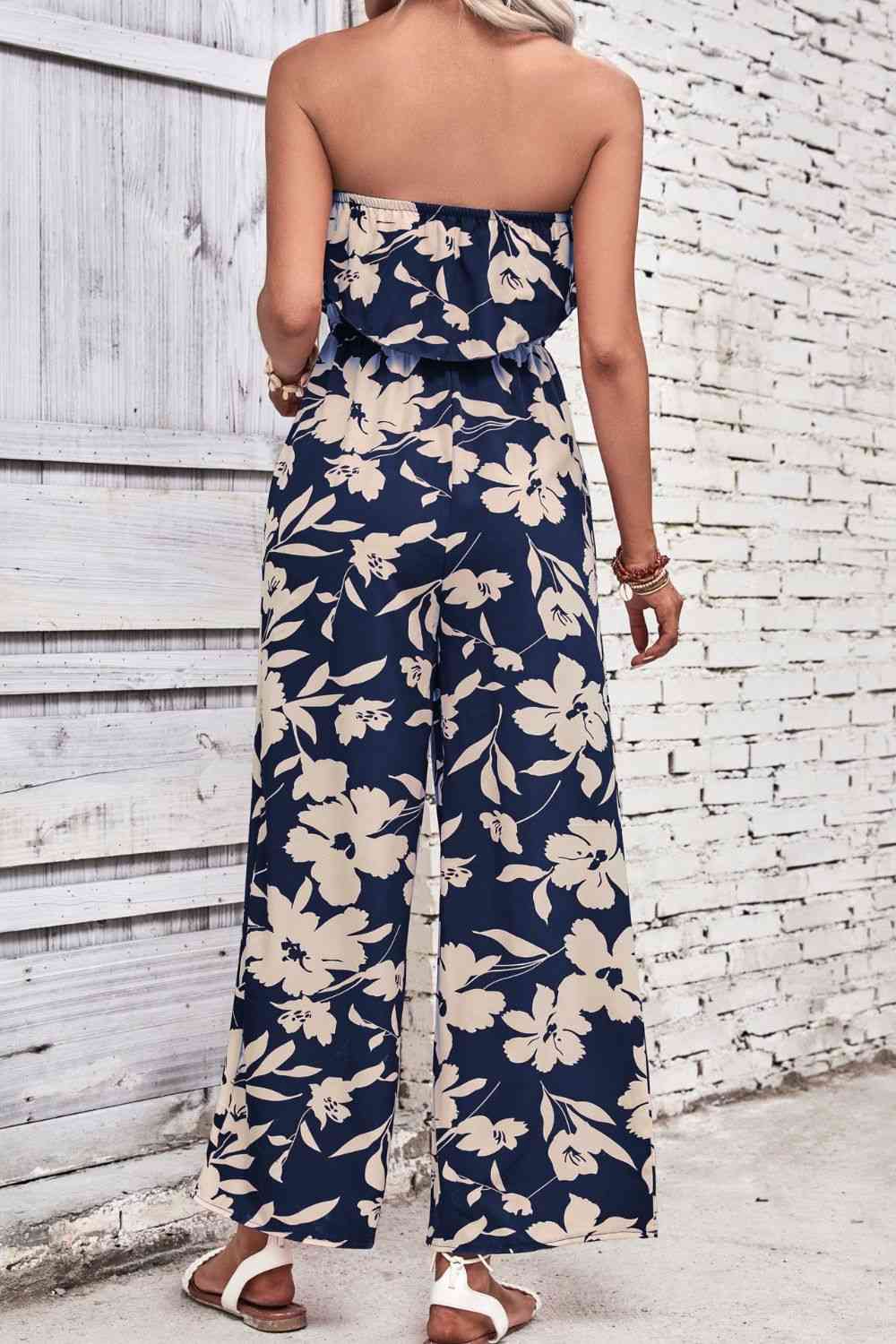 Floral Strapless Wide Leg Jumpsuit - Cowaa