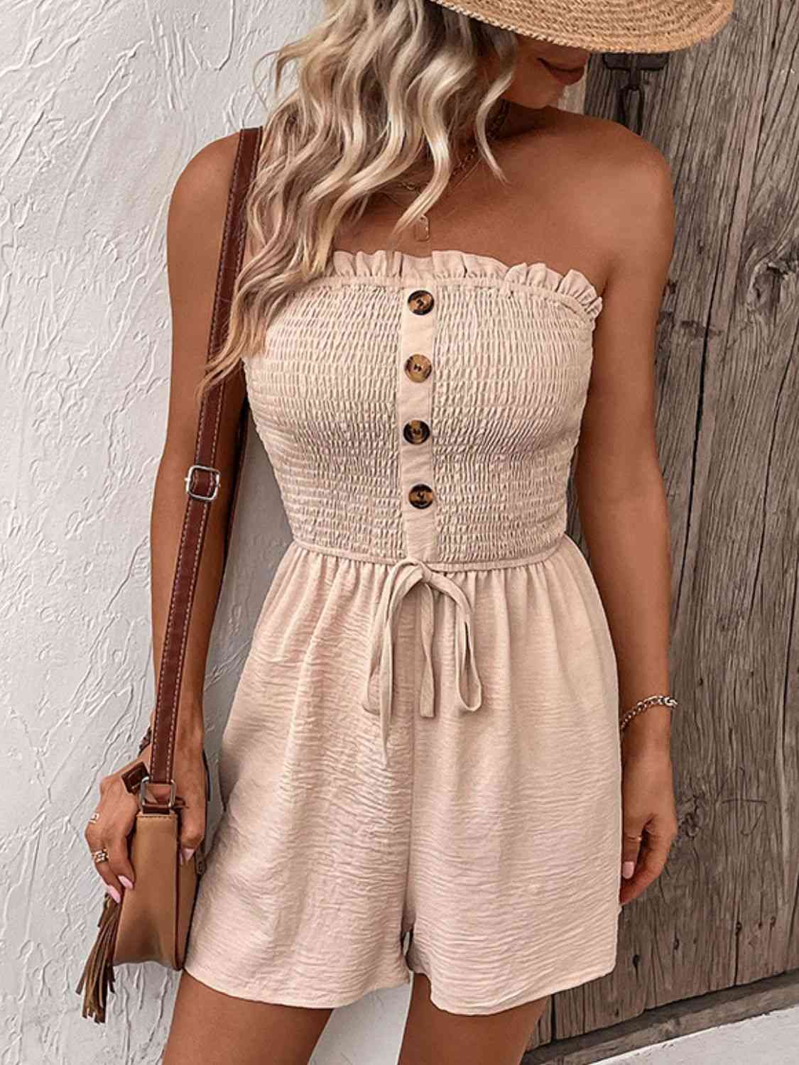 Decorative Button Smocked Strapless Romper - Cowaa