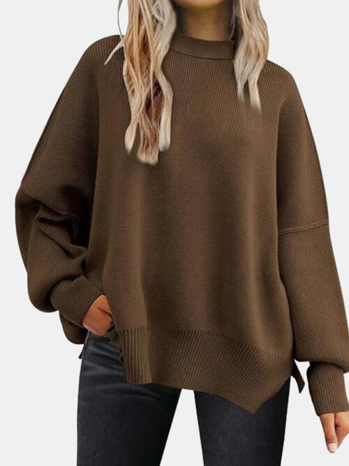 Round Neck Drop Shoulder Slit Sweater - Cowaa
