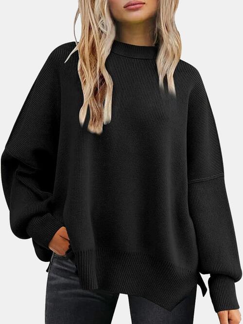 Round Neck Drop Shoulder Slit Sweater - Cowaa