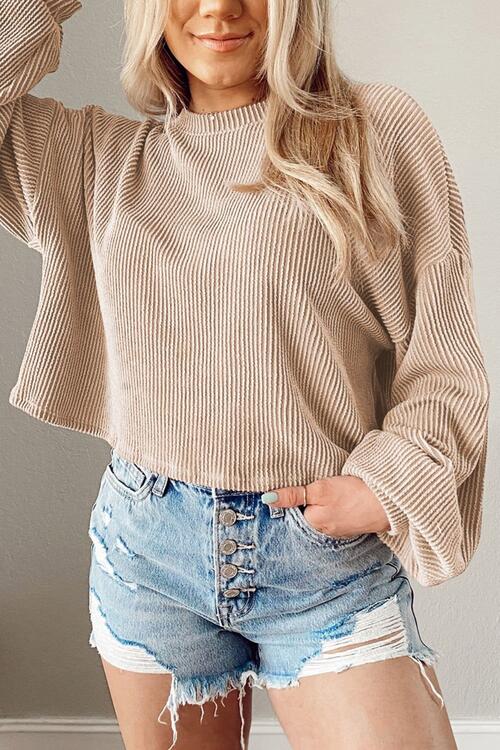 Round Neck Drop Shoulder Long Sleeve Top - Cowaa
