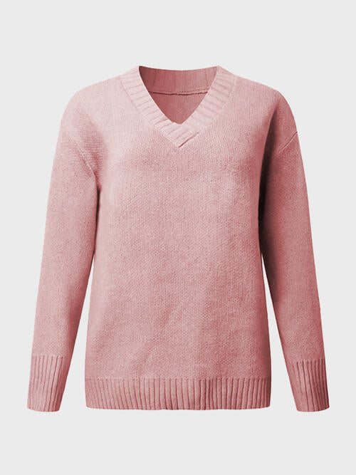 V-Neck Long Sleeve Knit Top - Cowaa