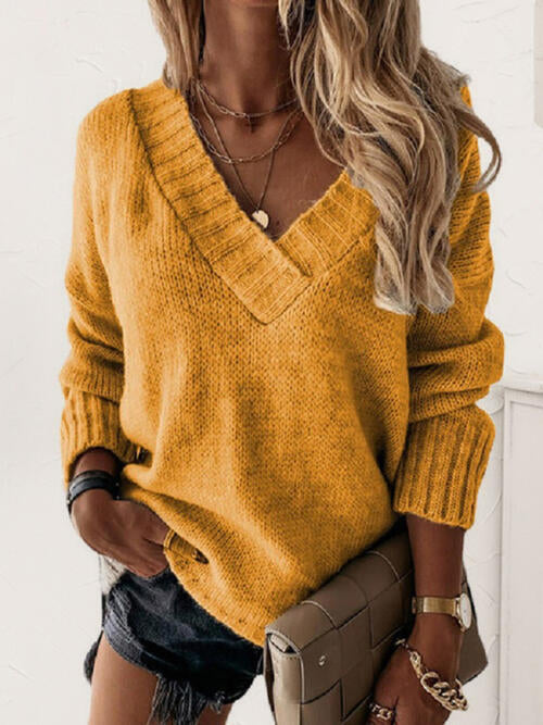 V-Neck Long Sleeve Knit Top - Cowaa