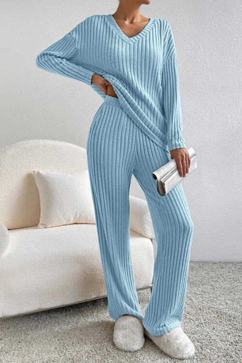 Ribbed V-Neck Top and Pants Set - Cowaa