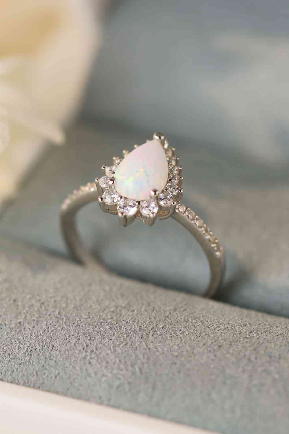 Platinum-Plated Opal Pear Shape Ring - Cowaa