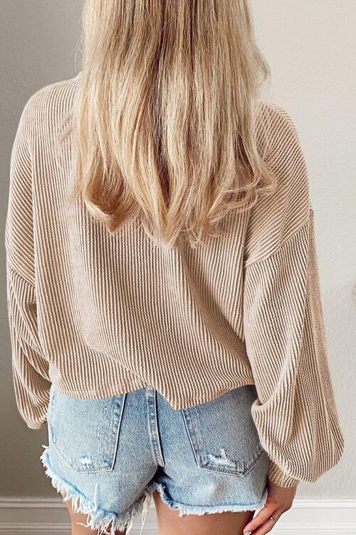Round Neck Drop Shoulder Long Sleeve Top - Cowaa